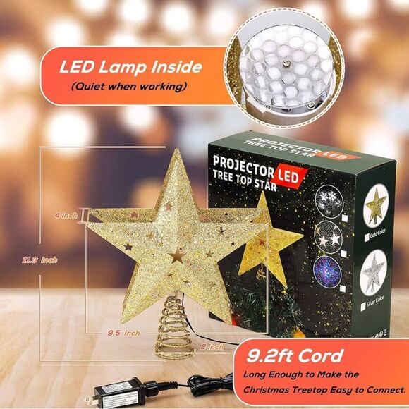 POW LED Snowflake Projector Star Christmas Tree Topper, 11.3'' Golden Glittered - Picture 5 of 5